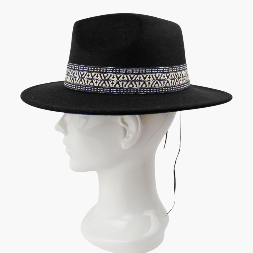 Geometric-Band Felt Fedora hat, Black colorway in profile showing the band running unbroken around the crown side