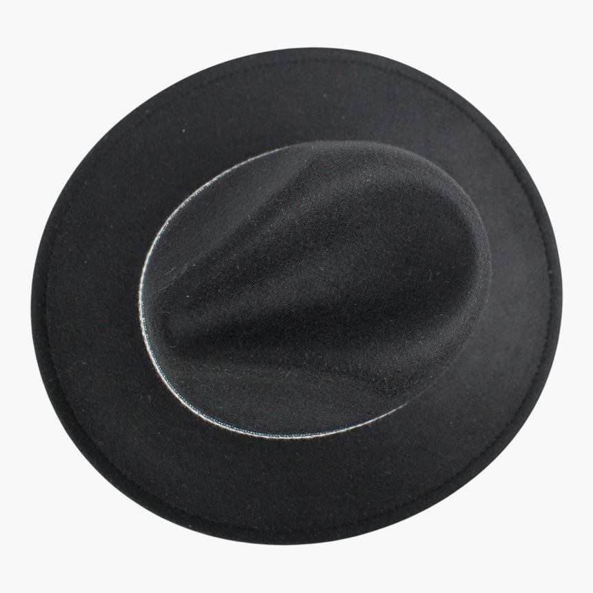 Geometric-Band Felt Fedora hat, Black colorway seen from above showing the teardrop dent of the pinch-front crease