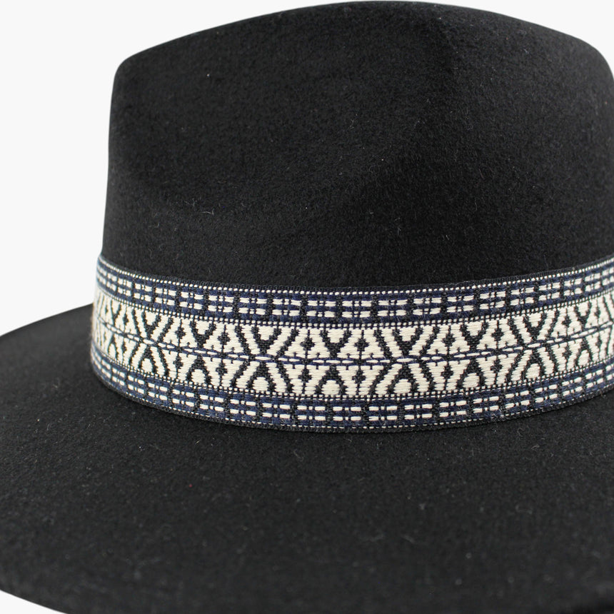 Geometric-Band Felt Fedora hat, Black colorway in close-up showing rows of triangles and diamonds between dotted borders