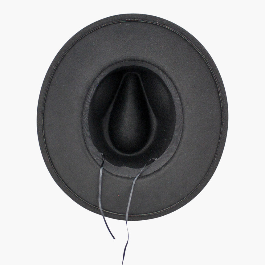 Geometric-Band Felt Fedora hat, underside of the Black colorway showing the adjuster cord and the crease cavity inside