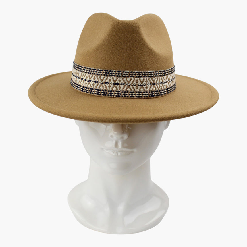 Geometric-Band Felt Fedora hat, front view of the Camel colorway showing the tan third color in the band