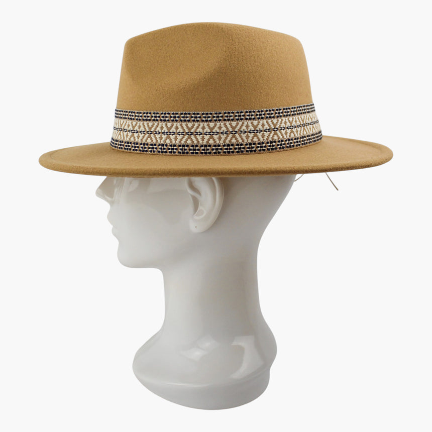 Geometric-Band Felt Fedora hat, Camel colorway in profile showing the band wrapping the crown side above the flat brim edge