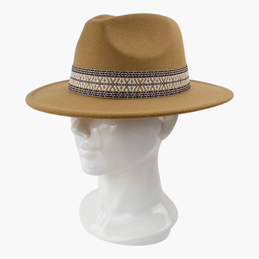 Geometric-Band Felt Fedora hat, Camel colorway at a three-quarter angle showing the side dent of the pinch-front crease