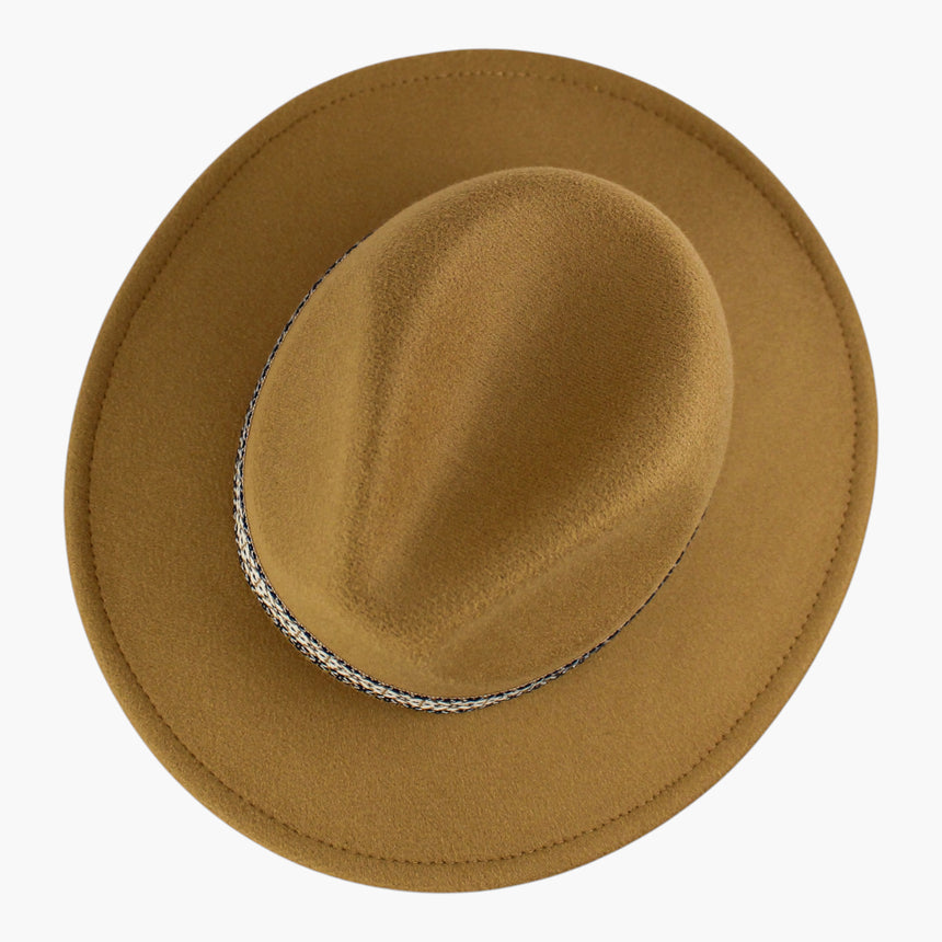 Geometric-Band Felt Fedora hat, Camel colorway seen from above showing the crease and the band at the crown base