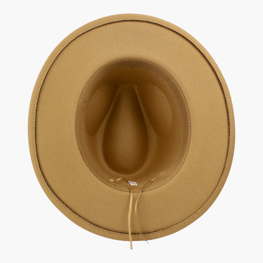 Geometric-Band Felt Fedora hat, underside of the Camel colorway showing the adjuster cord emerging at the back