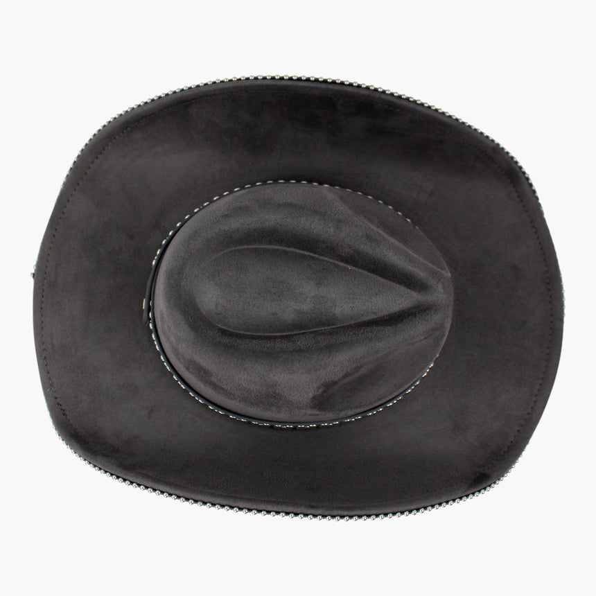 Grommet-Belt Faux-Suede Western hat, seen from above showing the silver-tone ball-chain trim tracing the whole brim edge