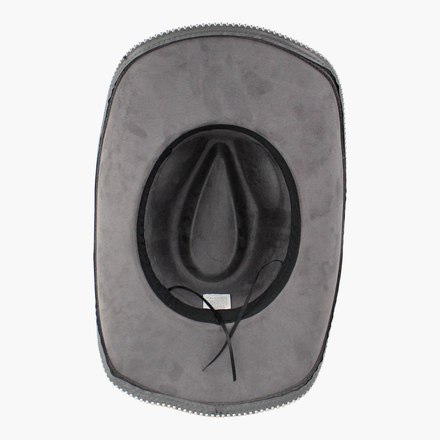 Grommet-Belt Faux-Suede Western hat, underside showing the black sweatband and the ball chain from beneath the brim