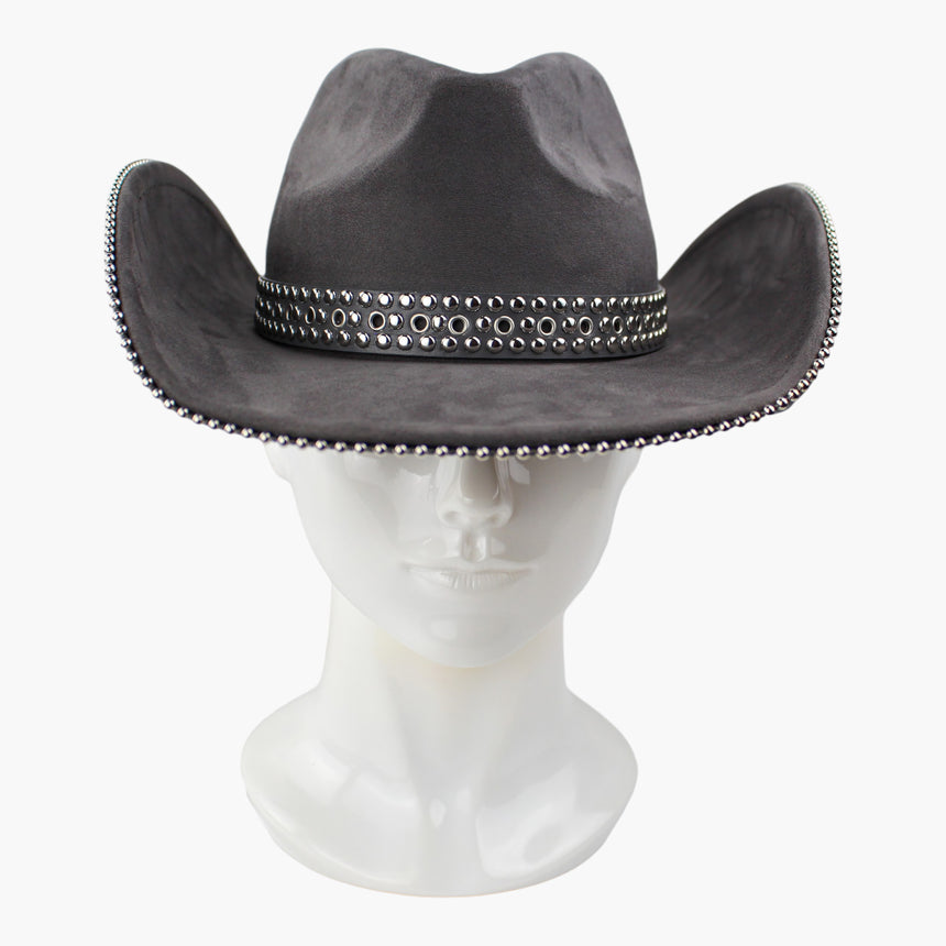 Grommet-Belt Faux-Suede Western hat, front view showing the center row of eyelet grommets between two stud rows