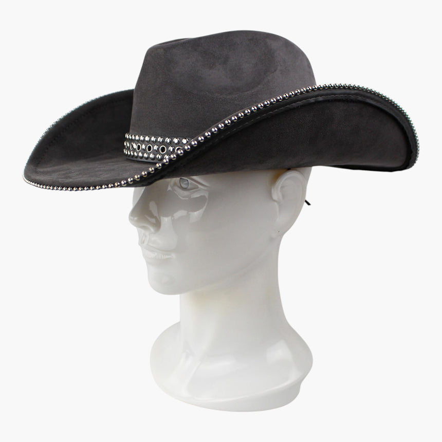 Grommet-Belt Faux-Suede Western hat, at a three-quarter angle showing the studded strap running back under the upturned brim