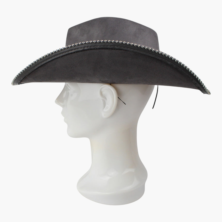 Grommet-Belt Faux-Suede Western hat, in profile showing the ball-chain trim following the swept brim side line