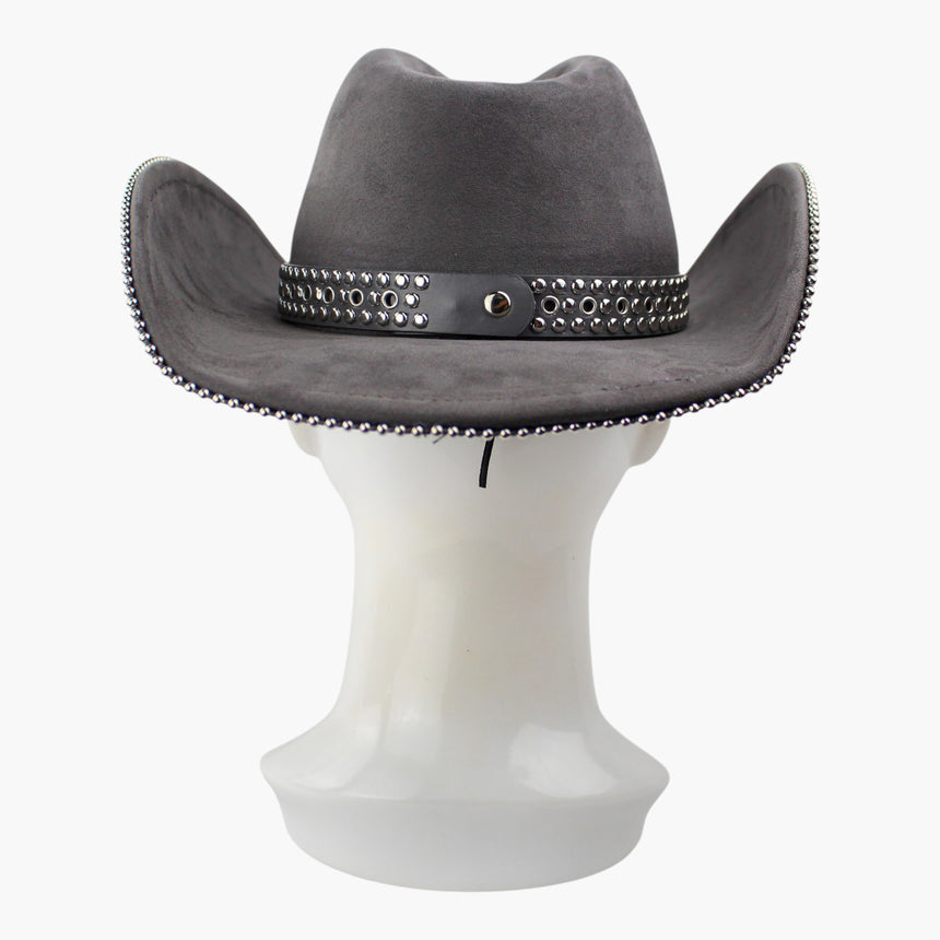 Grommet-Belt Faux-Suede Western hat, back view showing the single silver-tone snap stud closing the strap