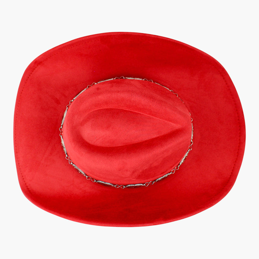 Heart-Concho Faux-Suede Western hat, seen from above showing the heart concho chain ringing the crown base as one closed loop