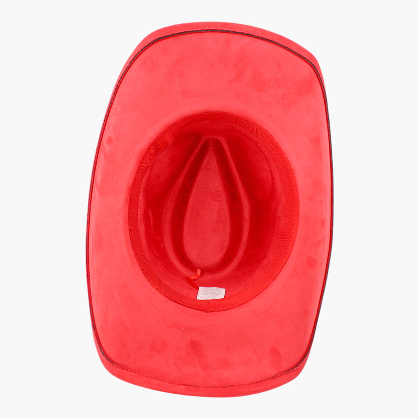 Heart-Concho Faux-Suede Western hat, underside showing the red grosgrain sweatband and the adjuster cord