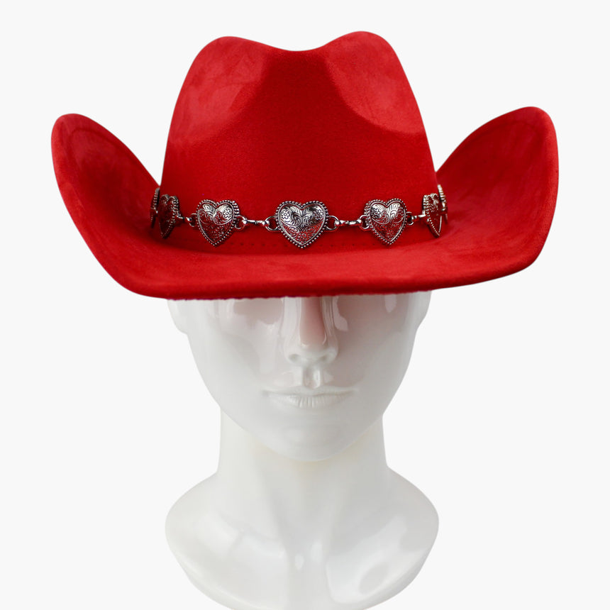 Heart-Concho Faux-Suede Western hat, front view showing the floral scrollwork engraved into each heart concho