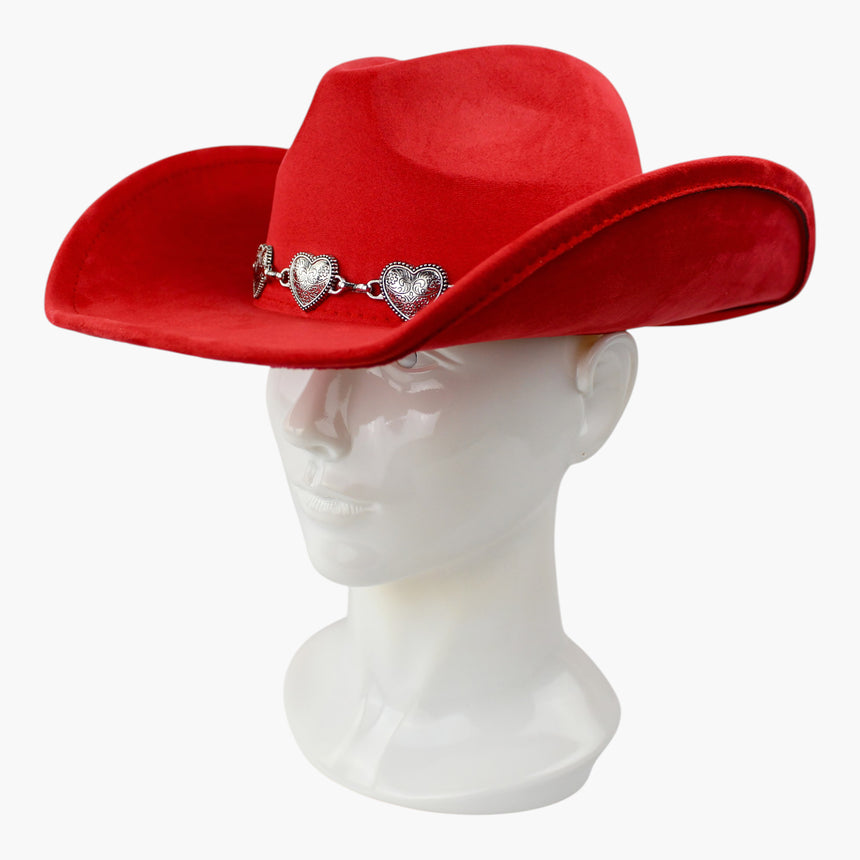 Heart-Concho Faux-Suede Western hat, at a three-quarter angle showing the silver-tone bar links joining the conchos