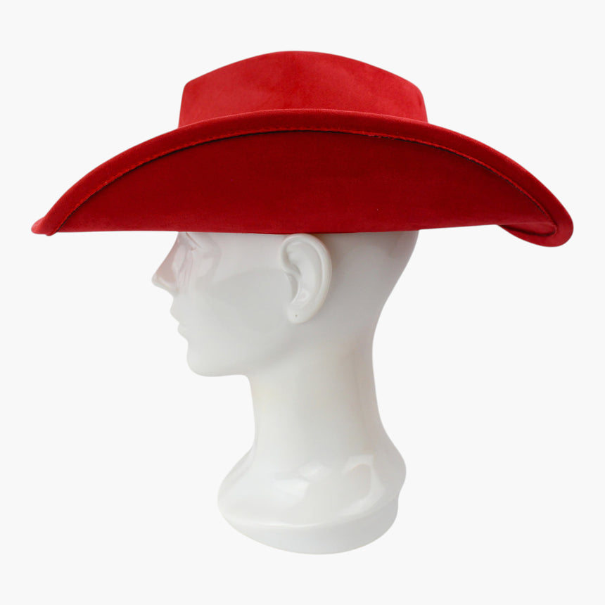 Heart-Concho Faux-Suede Western hat, in profile showing the raked side line of the brim with the chain beneath