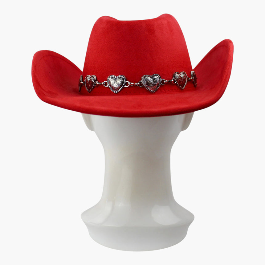 Heart-Concho Faux-Suede Western hat, back view showing the concho chain carrying across the back with no tie or buckle