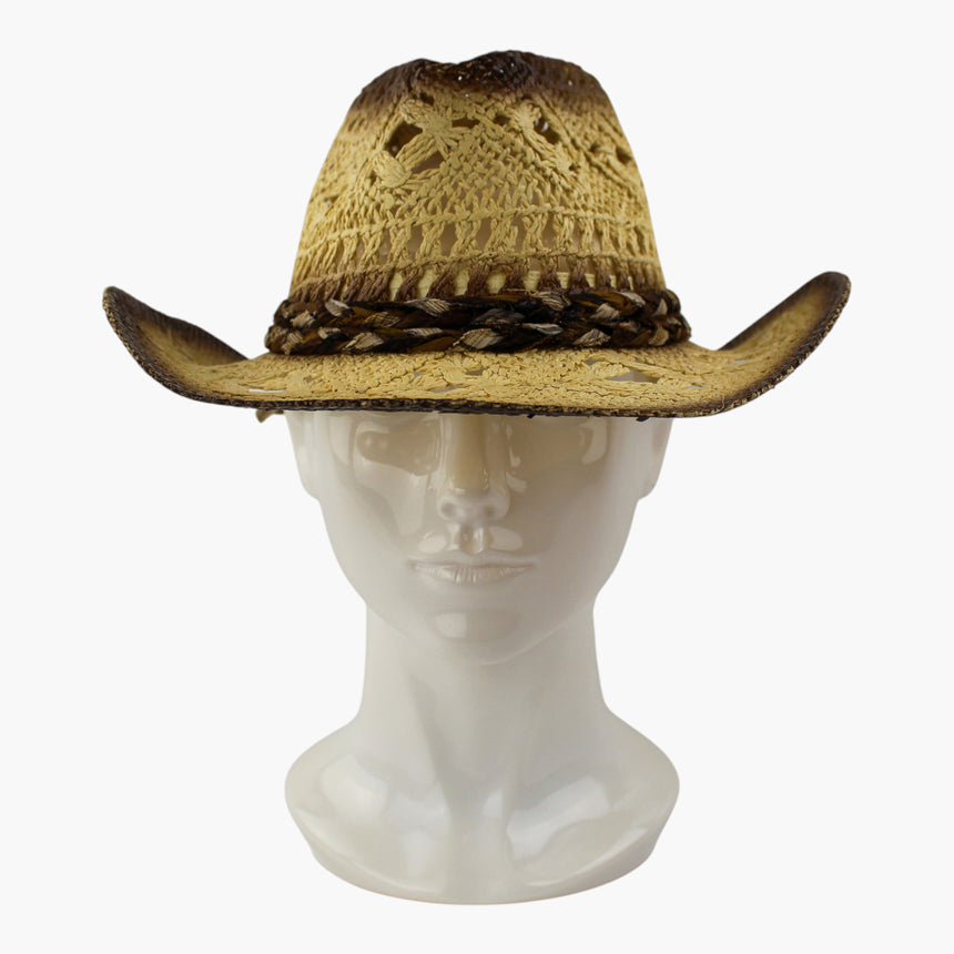 Ivory-Plaid Crochet Straw Western hat, front view showing the plaid tie wrapped across the crown base