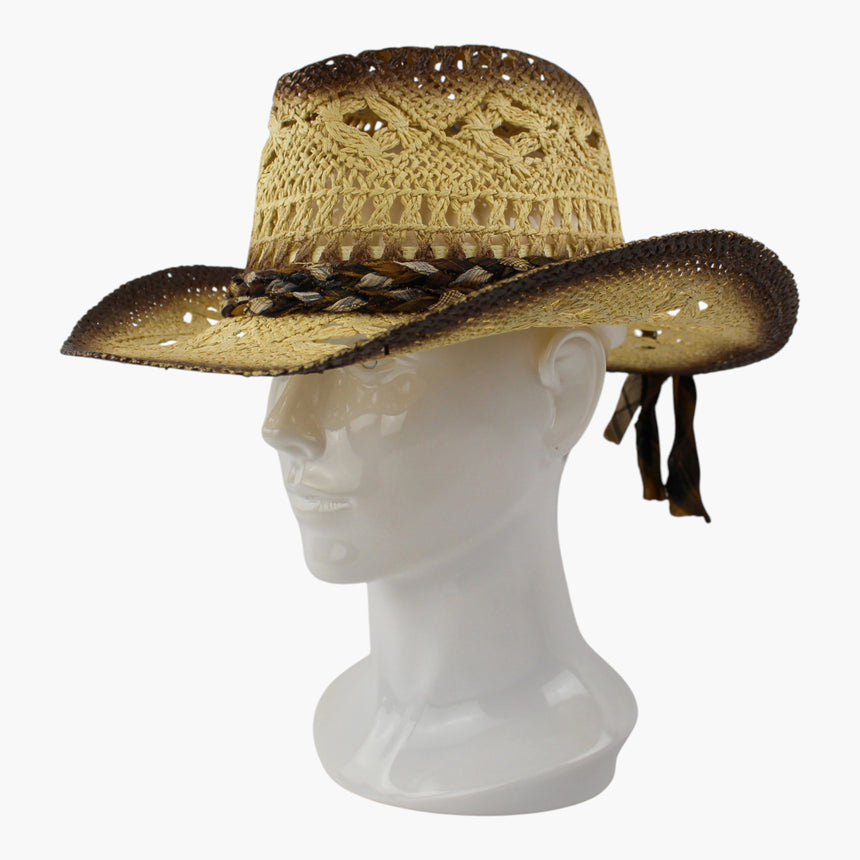 Ivory-Plaid Crochet Straw Western hat, at a three-quarter angle showing the deep upturned curl of the brim edge