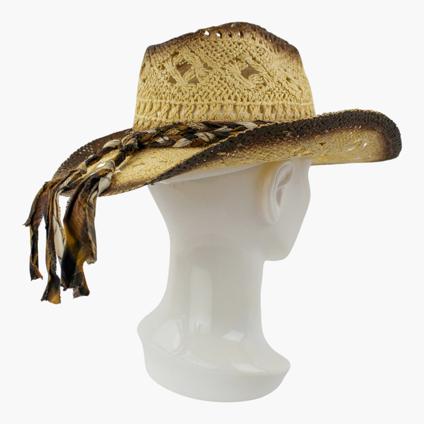 Ivory-Plaid Crochet Straw Western hat, at a rear three-quarter angle showing the knot and its long fringe tails hanging free