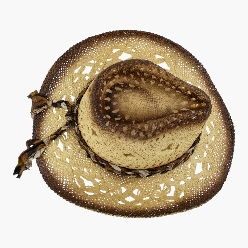 Ivory-Plaid Crochet Straw Western hat, seen from above showing the pinch-front crease and the ring of open-lace panels