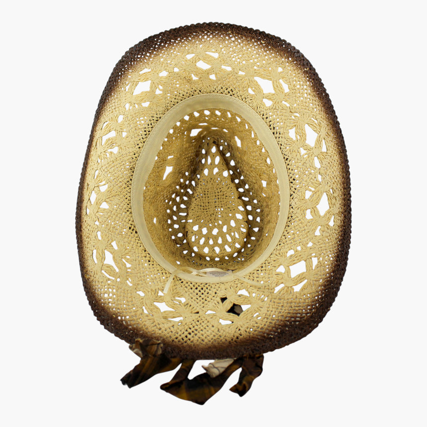Ivory-Plaid Crochet Straw Western hat, underside showing the grosgrain sweatband ring and the teardrop crown interior