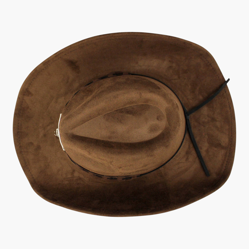 Laced-Longhorn Faux-Suede Western hat, Brown colorway seen from above showing the cattleman crease and its two side dents