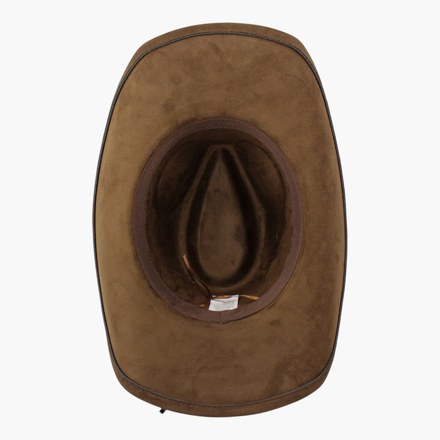 Laced-Longhorn Faux-Suede Western hat, underside of the Brown colorway showing the brown sweatband and the care label