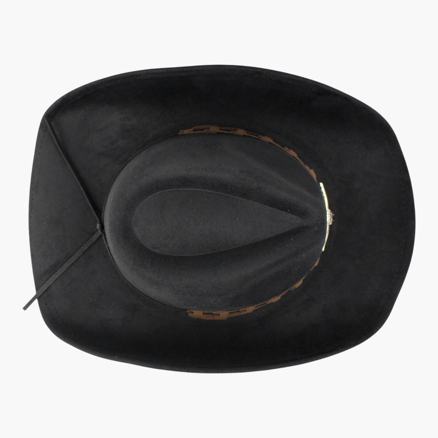 Laced-Longhorn Faux-Suede Western hat, Black colorway seen from above showing the two-tone laced band ringing the crown base