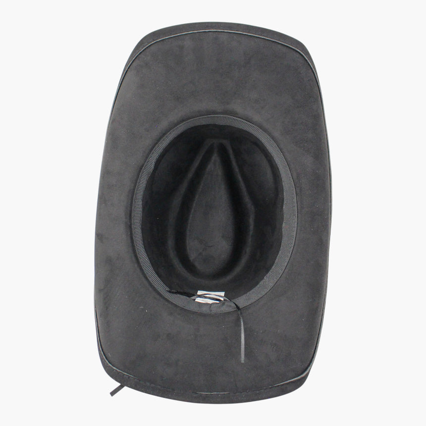 Laced-Longhorn Faux-Suede Western hat, underside of the Black colorway showing the adjuster cord free below the sweatband