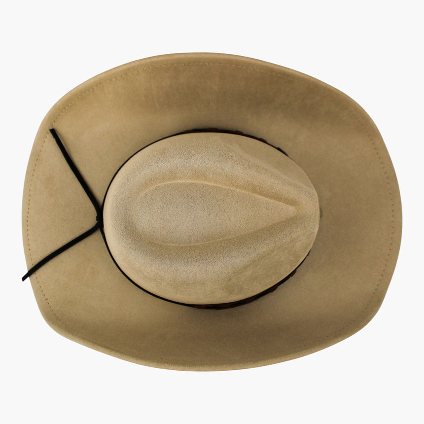 Laced-Longhorn Faux-Suede Western hat, Sand colorway seen from above showing the adjuster cord crossing the pale brim