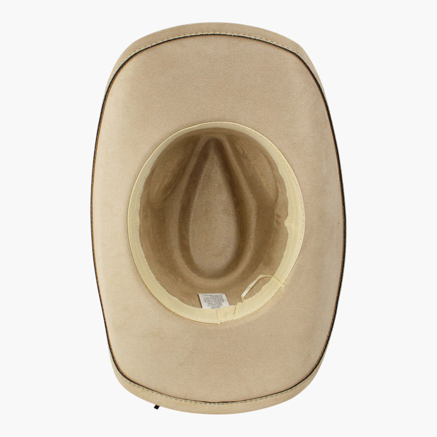Laced-Longhorn Faux-Suede Western hat, underside of the Sand colorway showing the cream sweatband against the crown lining