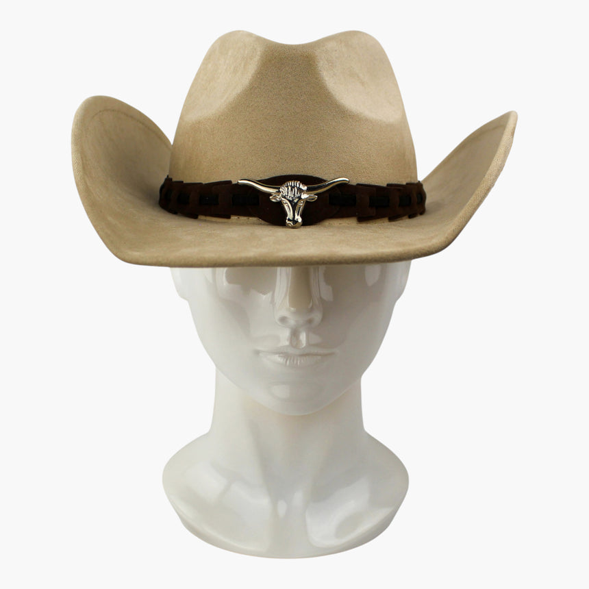 Laced-Longhorn Faux-Suede Western hat, front view of the Sand colorway showing the over-under lacing across the front