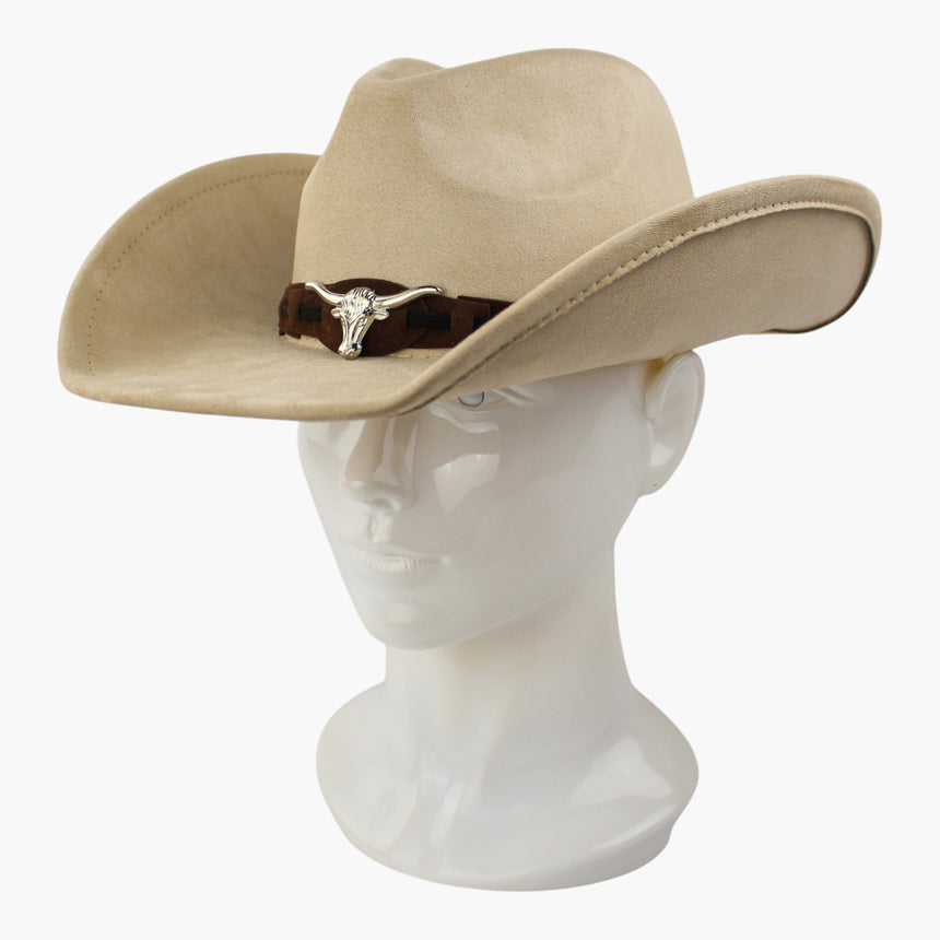 Laced-Longhorn Faux-Suede Western hat, Sand colorway at a three-quarter angle showing the upturned brim sweep and the band