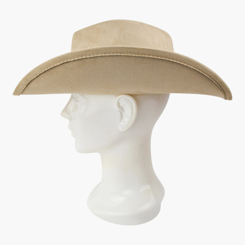 Laced-Longhorn Faux-Suede Western hat, Sand colorway in profile showing the upswept side line with the band behind