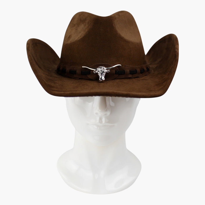Laced-Longhorn Faux-Suede Western hat, front view of the Brown colorway showing the longhorn medallion at center front