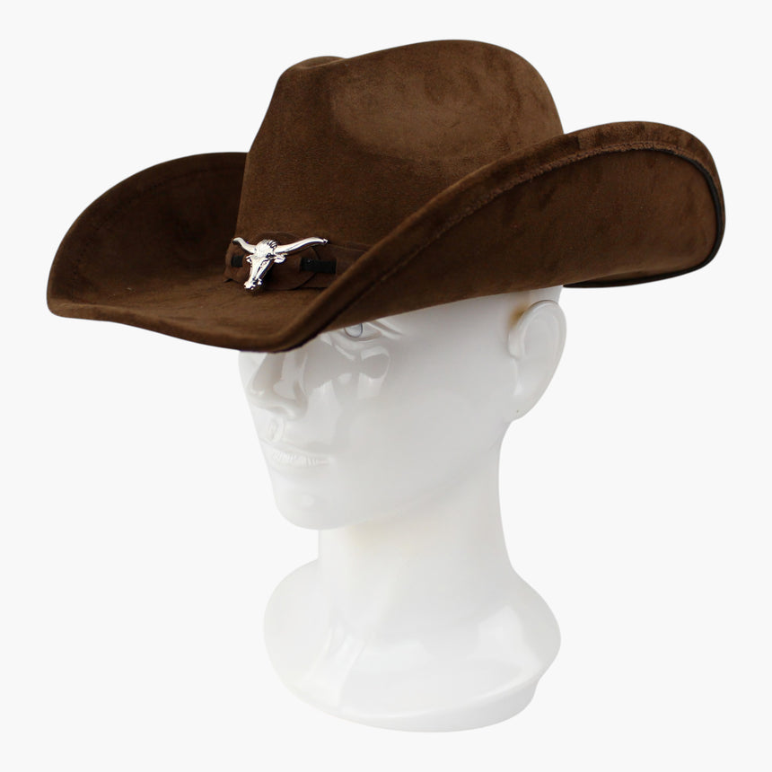 Laced-Longhorn Faux-Suede Western hat, Brown colorway at a three-quarter angle showing the laced band running rearward