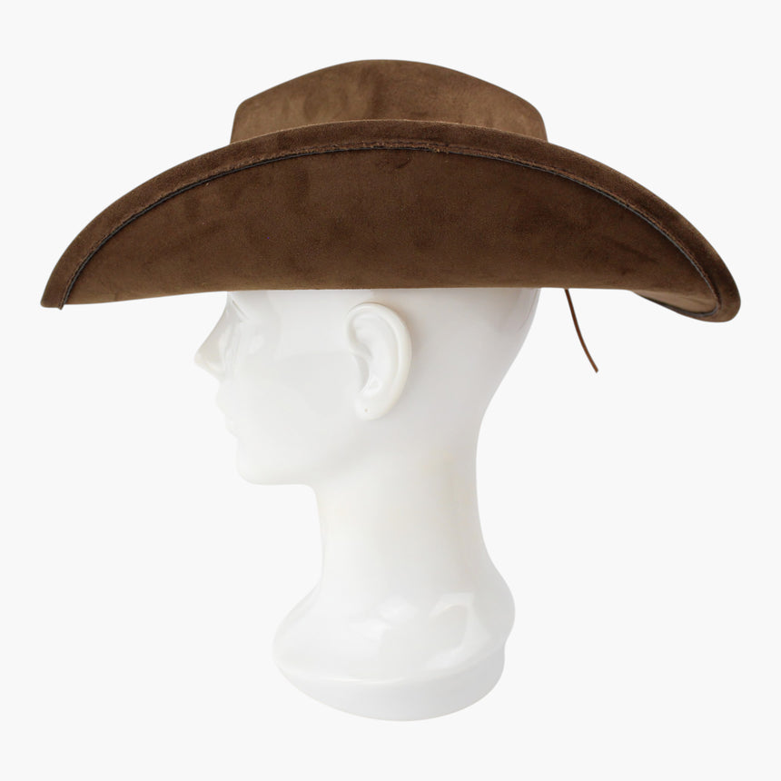 Laced-Longhorn Faux-Suede Western hat, Brown colorway in profile showing the swept side line with the cord below