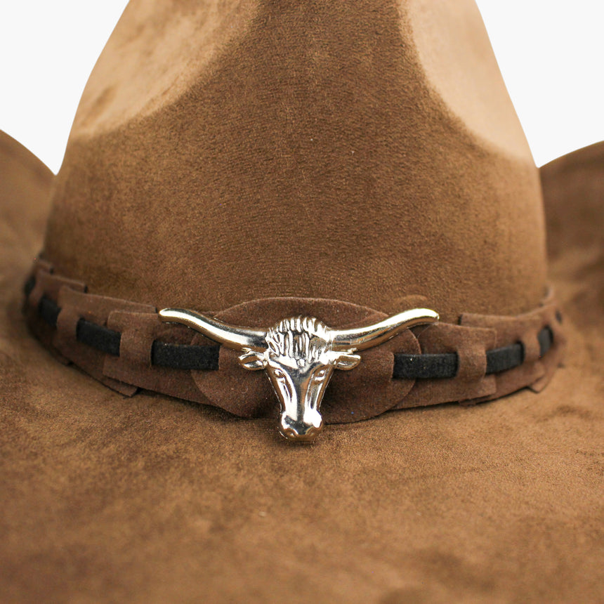 Laced-Longhorn Faux-Suede Western hat, Brown colorway in close-up showing the black strips woven through the brown band