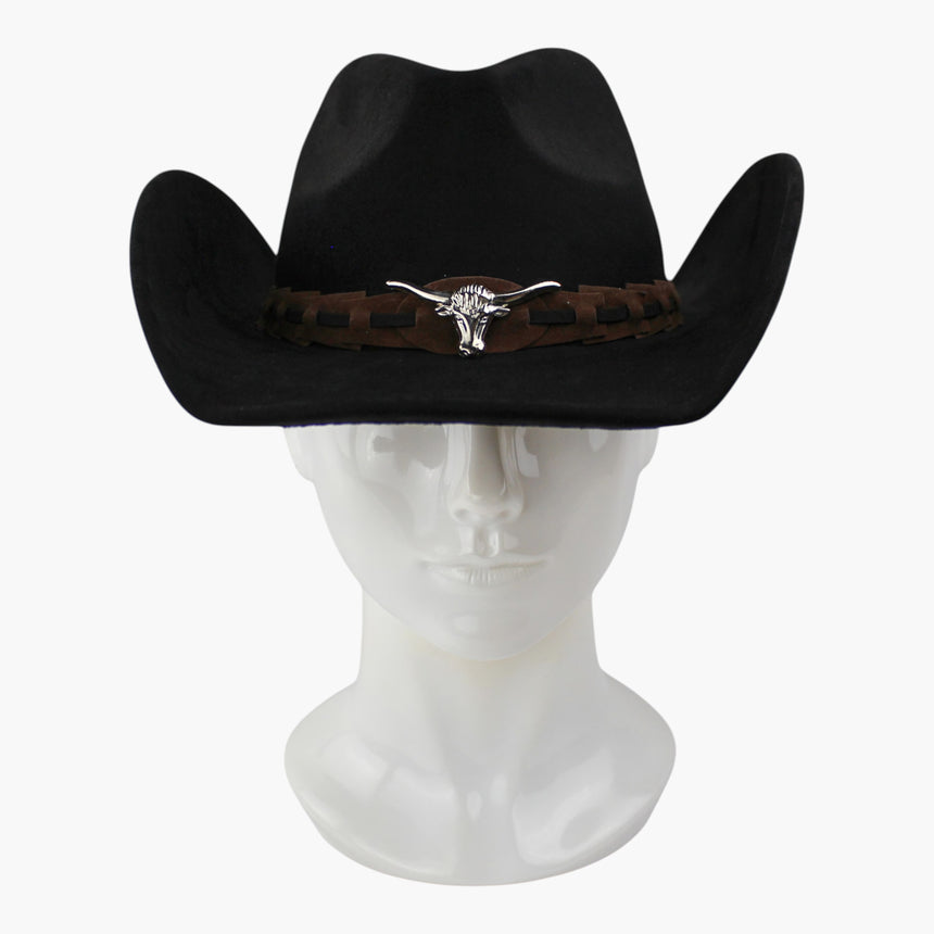 Laced-Longhorn Faux-Suede Western hat, front view of the Black colorway showing the brown band on the black crown