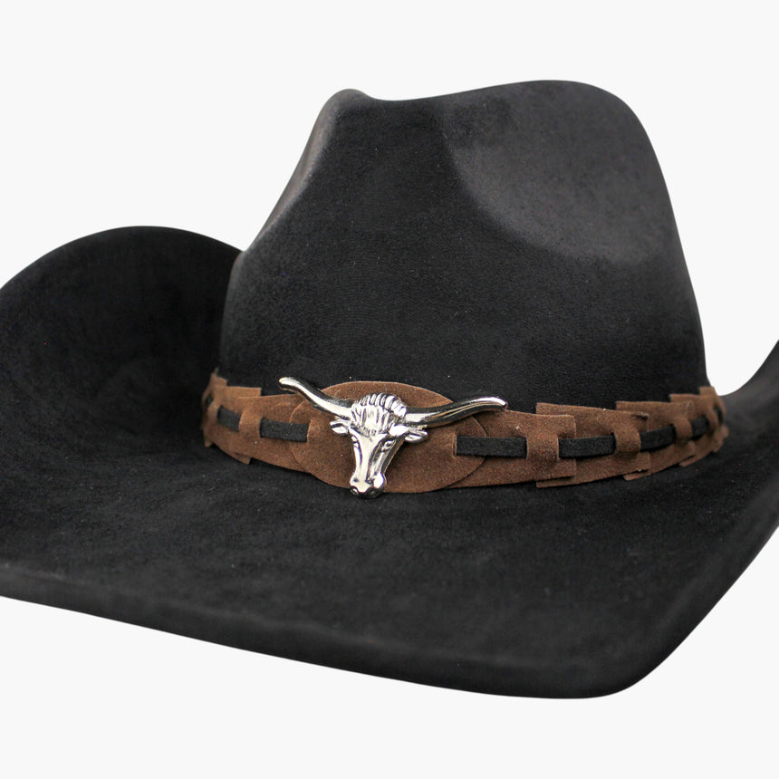 Laced-Longhorn Faux-Suede Western hat, Black colorway in close-up showing the laced band crossing the crown side dent
