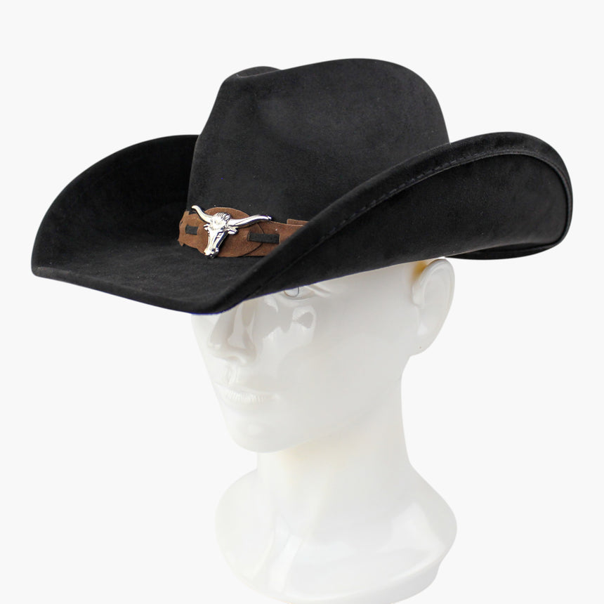 Laced-Longhorn Faux-Suede Western hat, Black colorway at a three-quarter angle showing the crown rear taper and the band