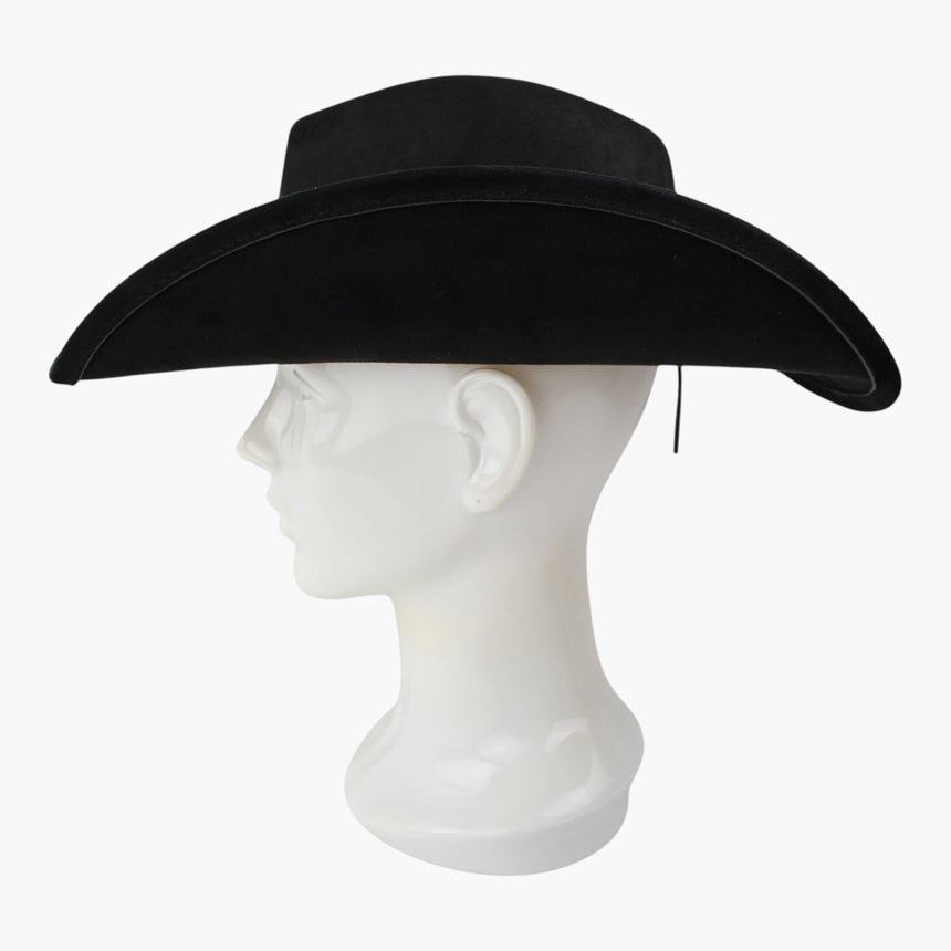 Laced-Longhorn Faux-Suede Western hat, Black colorway in profile showing the upswept brim and the adjuster cord at the side