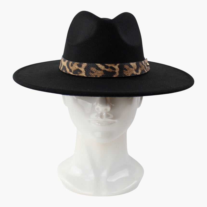 Leopard-Strap Felt Fedora hat, front view showing the leopard-print strap spanning the full crown base