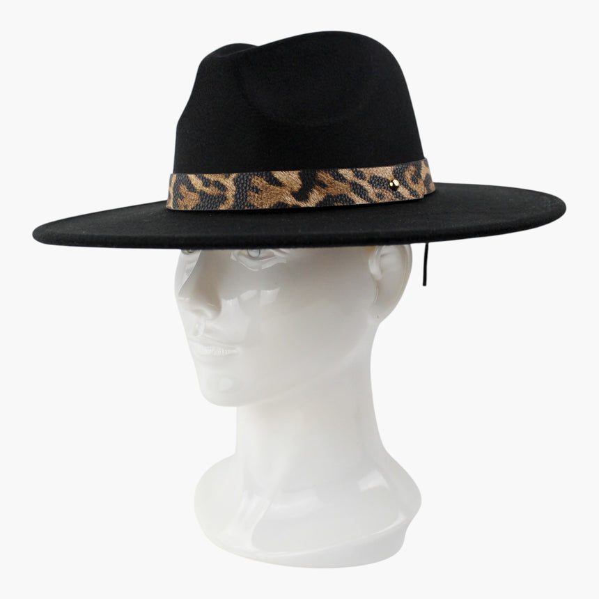 Leopard-Strap Felt Fedora hat, at a three-quarter angle showing the small gold-tone stud set into the strap at the side
