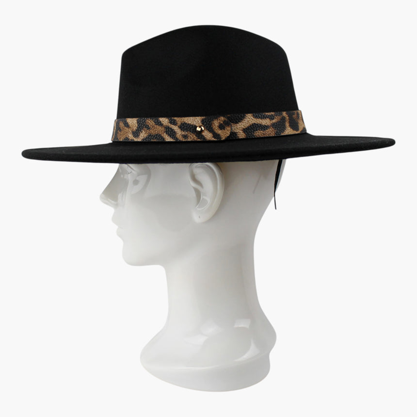 Leopard-Strap Felt Fedora hat, in profile showing the overlapping strap end passing behind the gold-tone stud