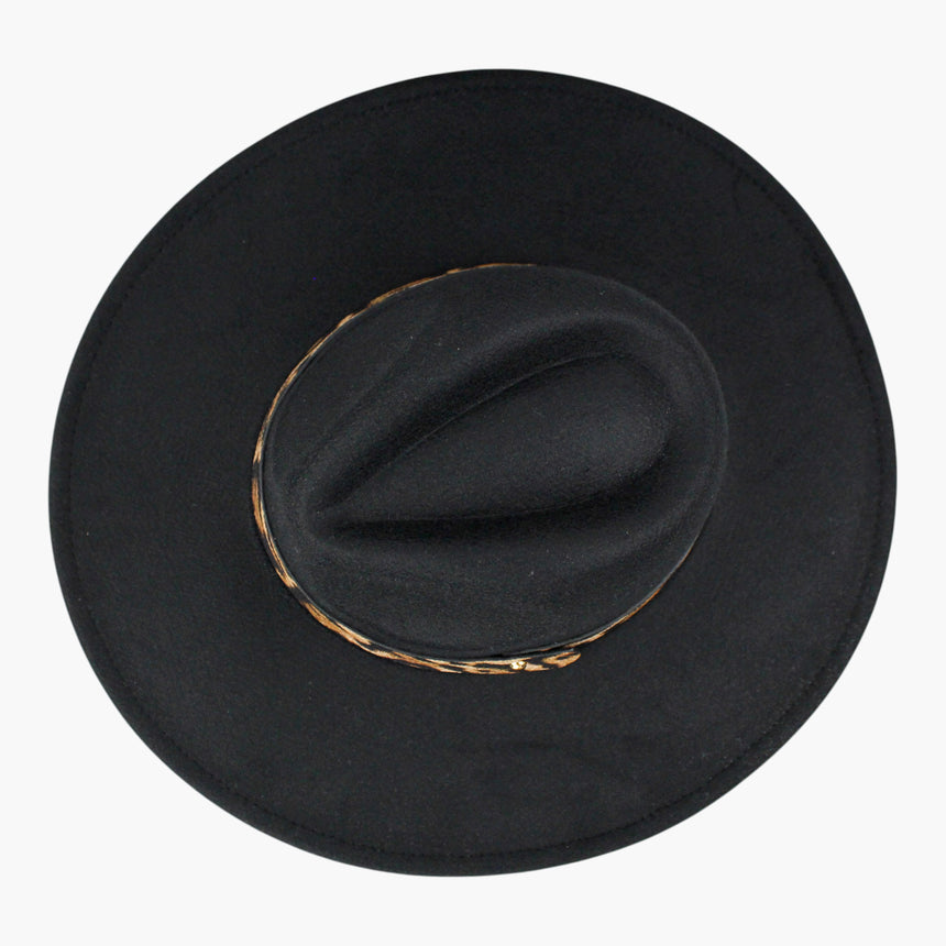 Leopard-Strap Felt Fedora hat, seen from above showing the leopard strap ringing the crown base below the crease