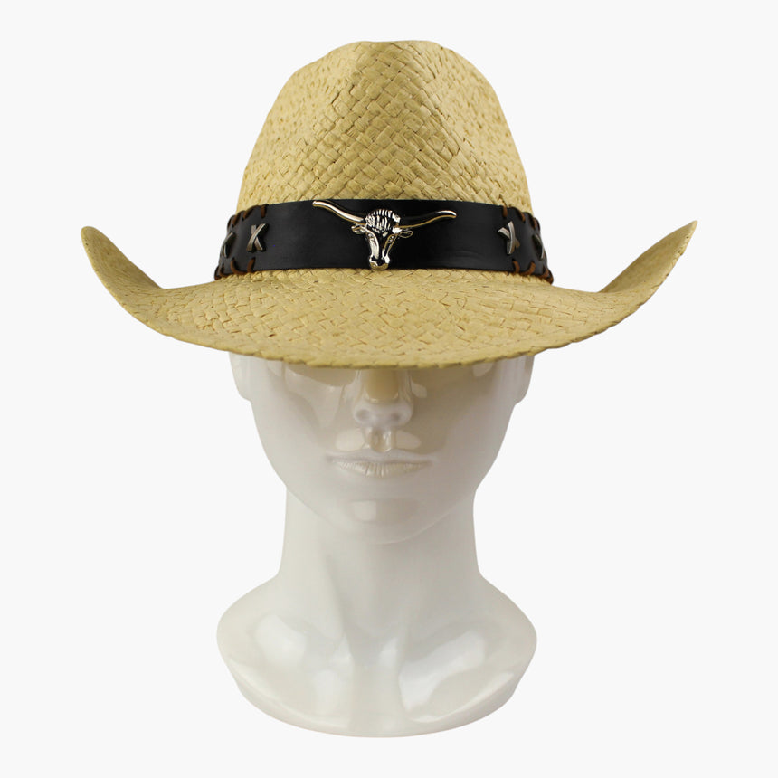 Longhorn-Medallion Straw Western hat, front view showing the longhorn medallion centered on the black band