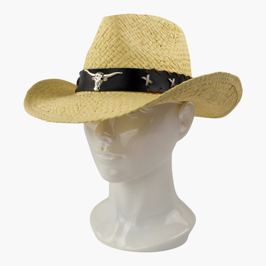 Longhorn-Medallion Straw Western hat, at a three-quarter angle showing the X-shaped studs and the laced band edging