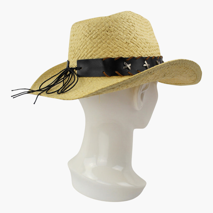 Longhorn-Medallion Straw Western hat, at a rear three-quarter angle showing the black cord ties and their loose ends
